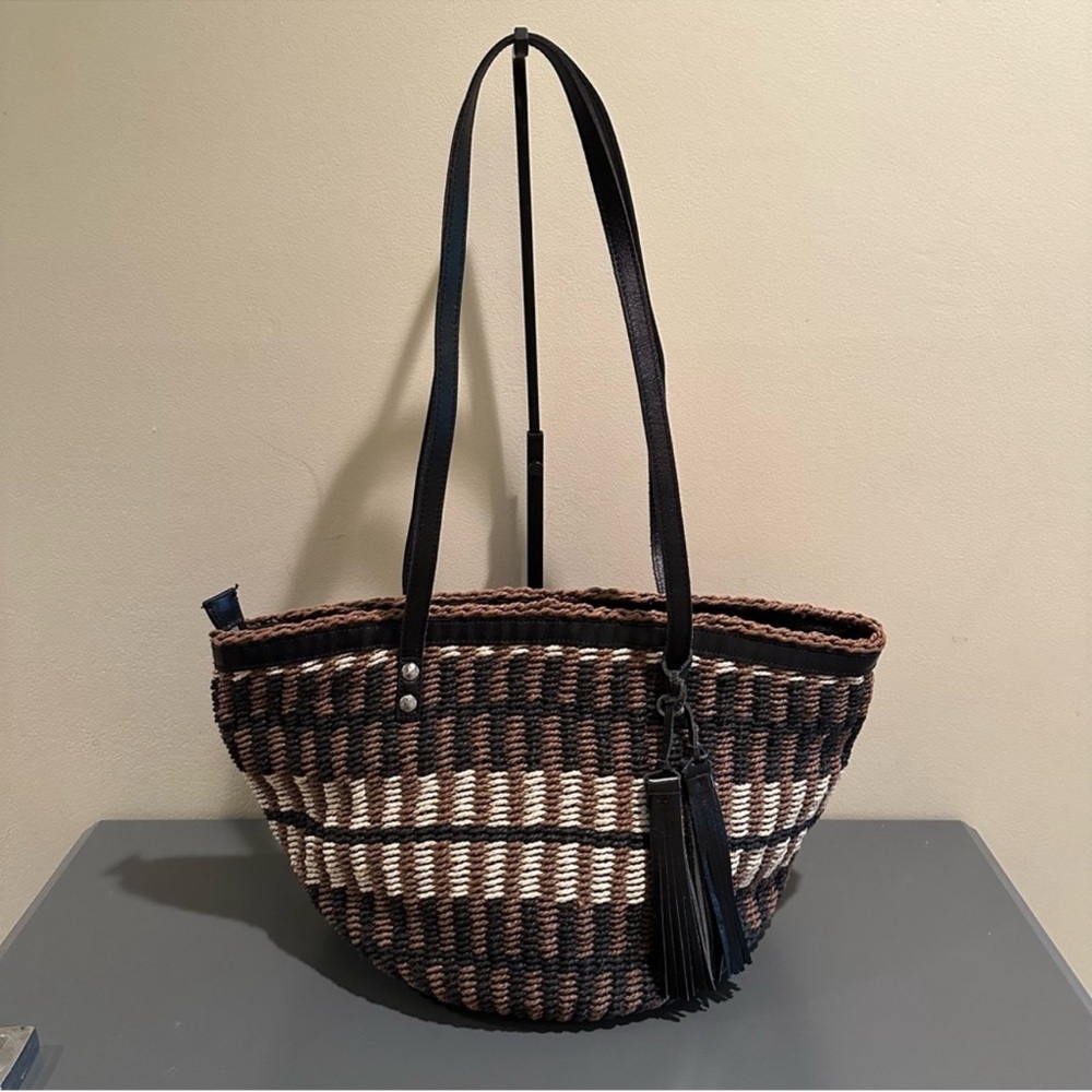Patricia Nash Woven Straw Tote Bag with Black Leather Straps - Brown & Cream